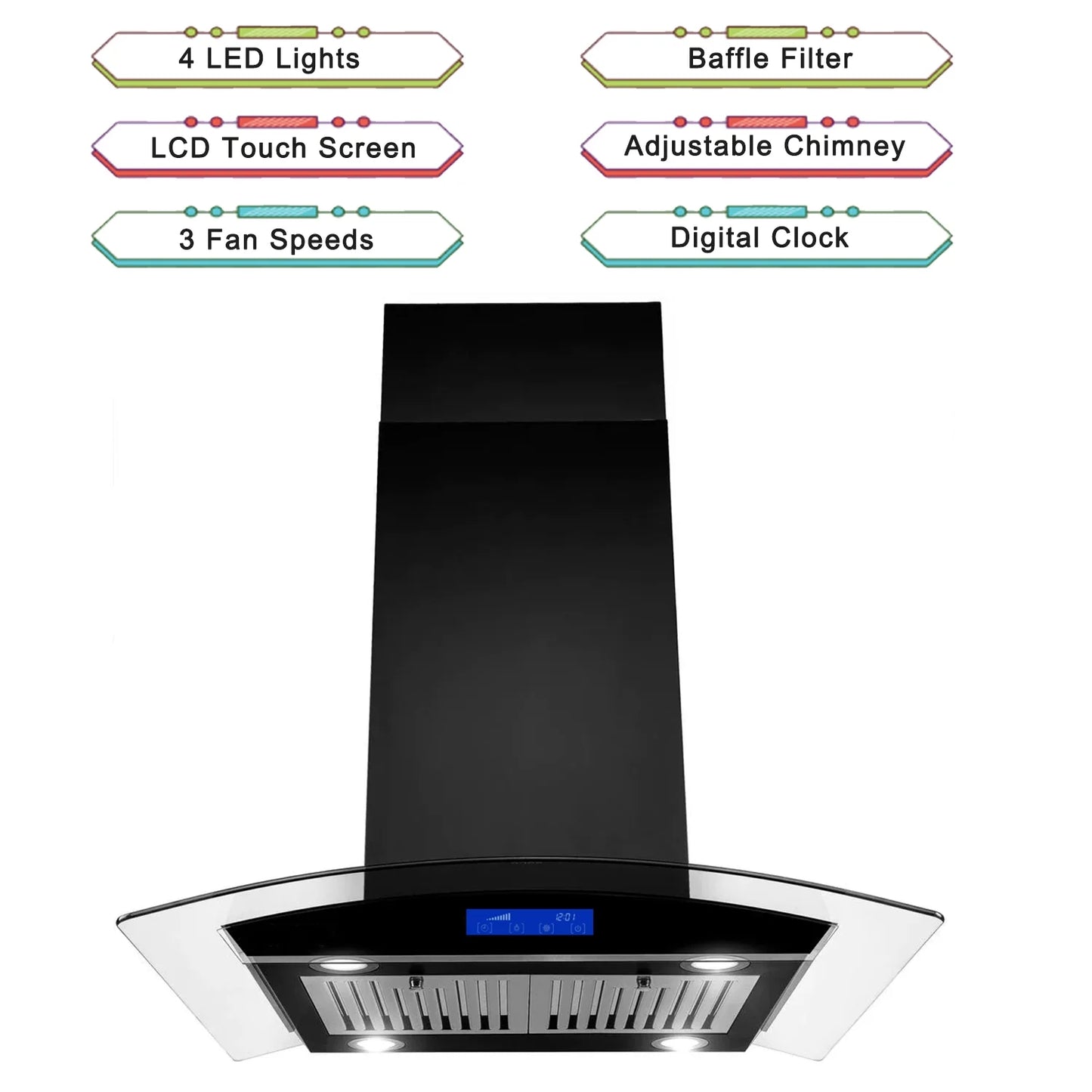 Island Mount Range Hood 36 inch Kitchen 3-Speed Extractor Fan Mesh filter Tempered Glass