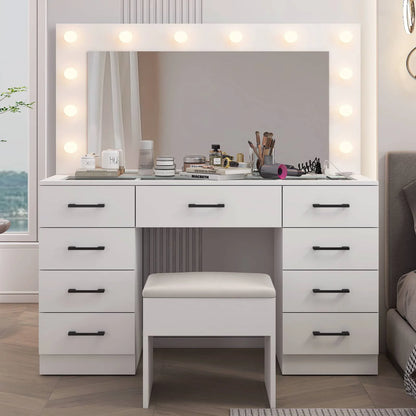 Ktaxon Large Makeup Vanity, Vanity Table Set w/Visible Glass Top w/Charging Station, White