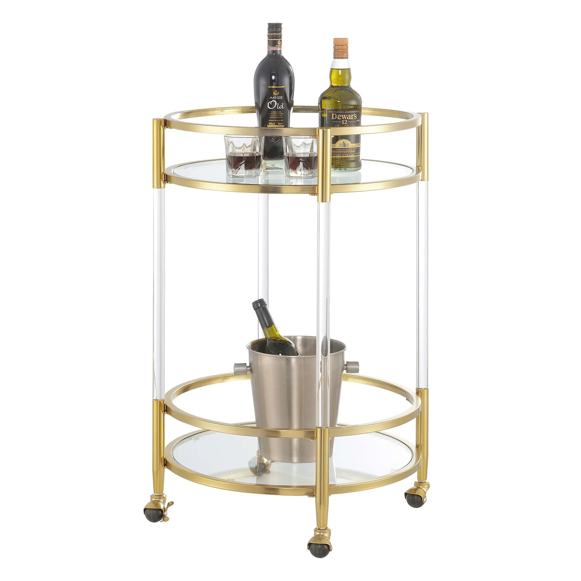 Royal Crest Two-Tier Acrylic Round Bar Cart in Clear Glass with Gold Metal Frame