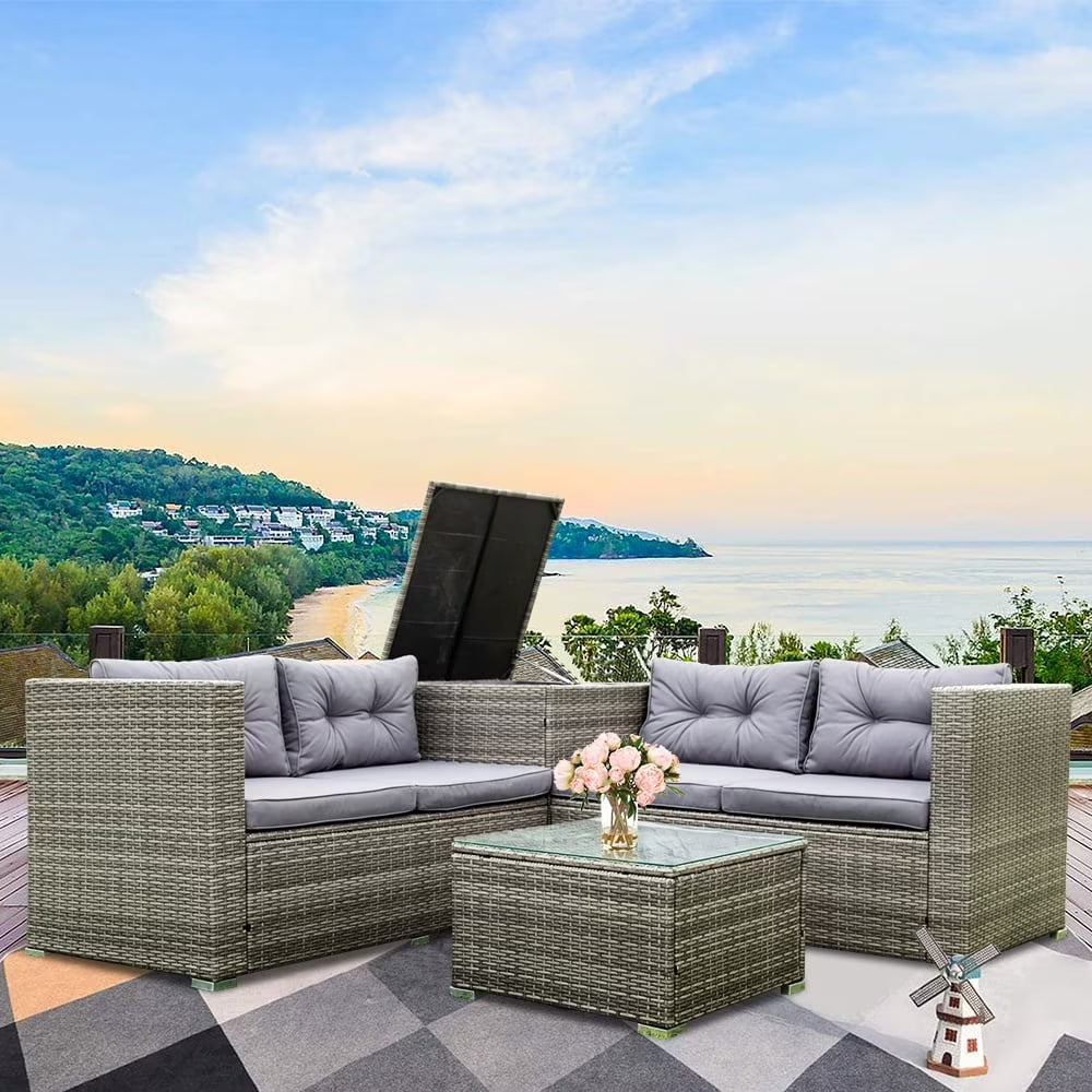 UHOMEPRO 4-Piece Rattan Patio Furniture Sets, All-Weather PE Wicker Patio Conversation Set with Storage Box, Glass Coffee Table, Outdoor Sectional Sofa Set for Backyard Patio Garden Poolside, Gray