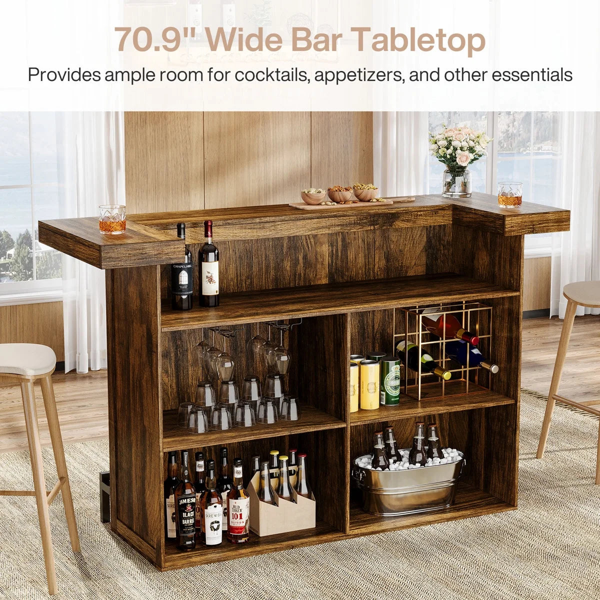 Tribesigns 4-Tier Bar Table, 70.9-Inch Large Home Bar Cabinet with Wine Glass Holder and Black Footrest, for Kitchen, Dining Room, Living Room, Pub, Rustic Brown