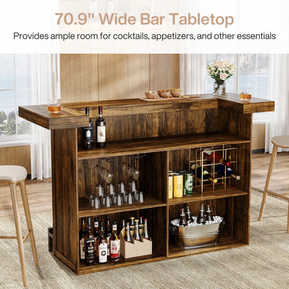 Tribesigns 4-Tier Bar Table, 70.9-Inch Large Home Bar Cabinet with Wine Glass Holder and Black Footrest, for Kitchen, Dining Room, Living Room, Pub, Rustic Brown