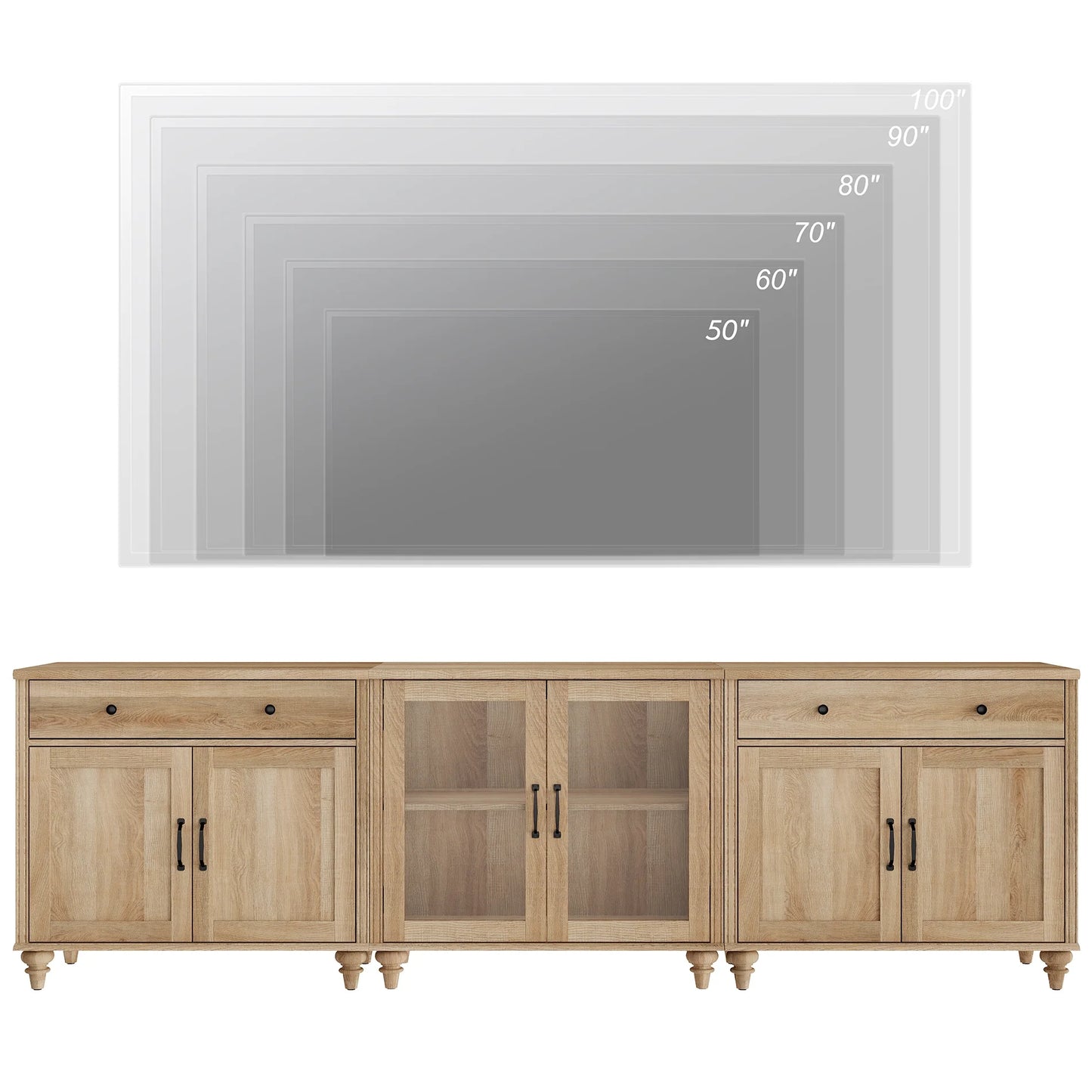 TV Stand for 100 Inch TV, 3-in-1 TV Console Table for 75/80/85/90 Inch TV, Farmhouse Entertainment Center with Glass & Wooden Door, Kitchen Sideboard Buffet Cabinet for Dining Room, Oak