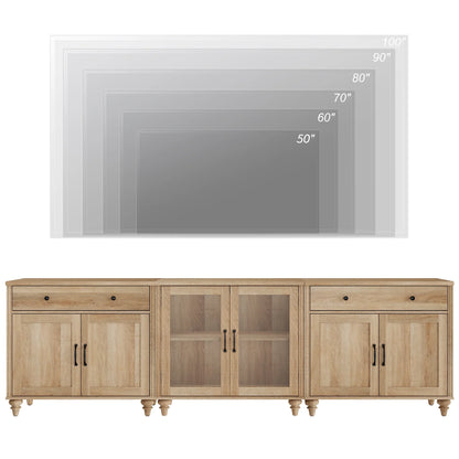 TV Stand for 100 Inch TV, 3-in-1 TV Console Table for 75/80/85/90 Inch TV, Farmhouse Entertainment Center with Glass & Wooden Door, Kitchen Sideboard Buffet Cabinet for Dining Room, Oak