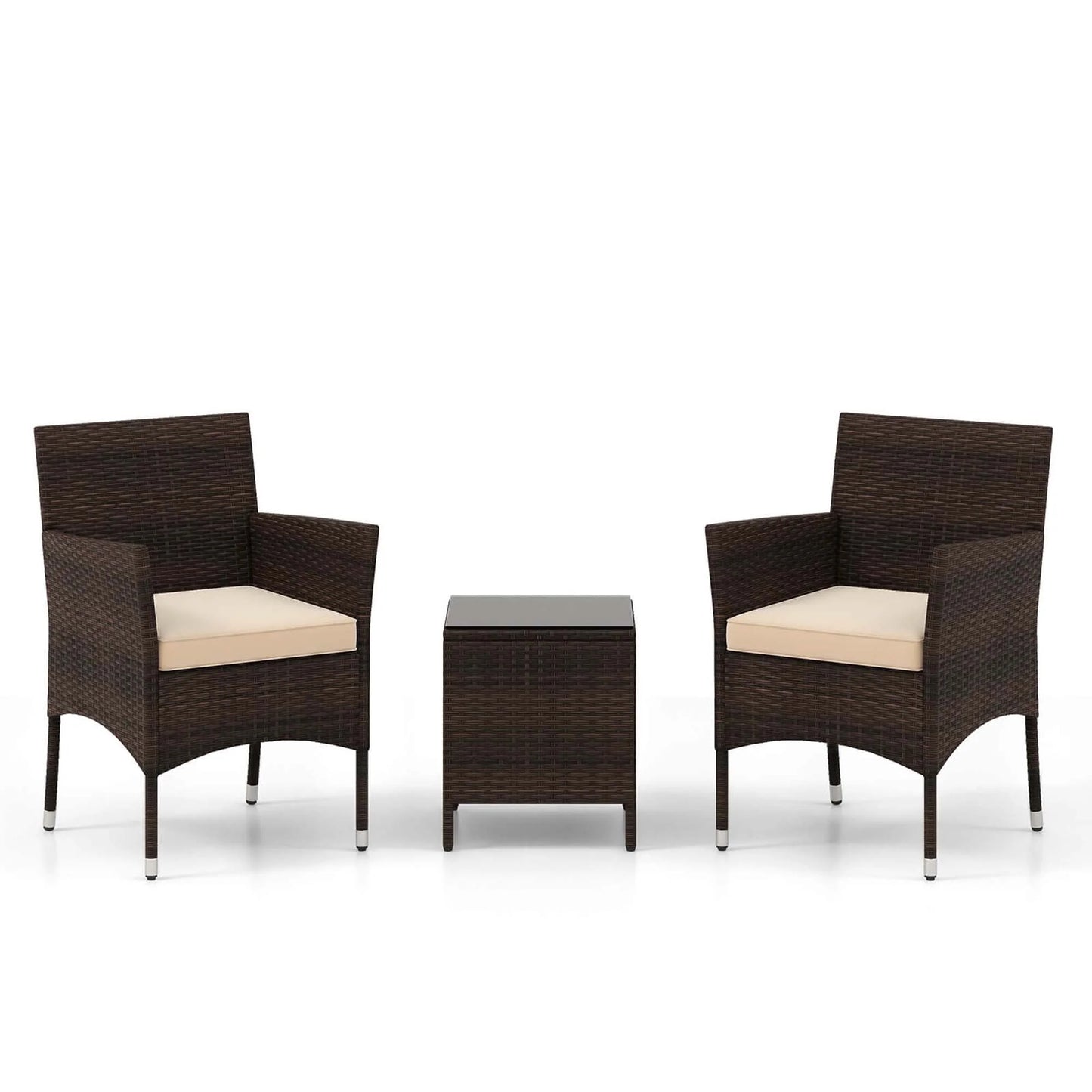 Costway 3 PCS Outdoor Conversation Set with Cushioned Seat & Tempered Glass Tabletop Beige