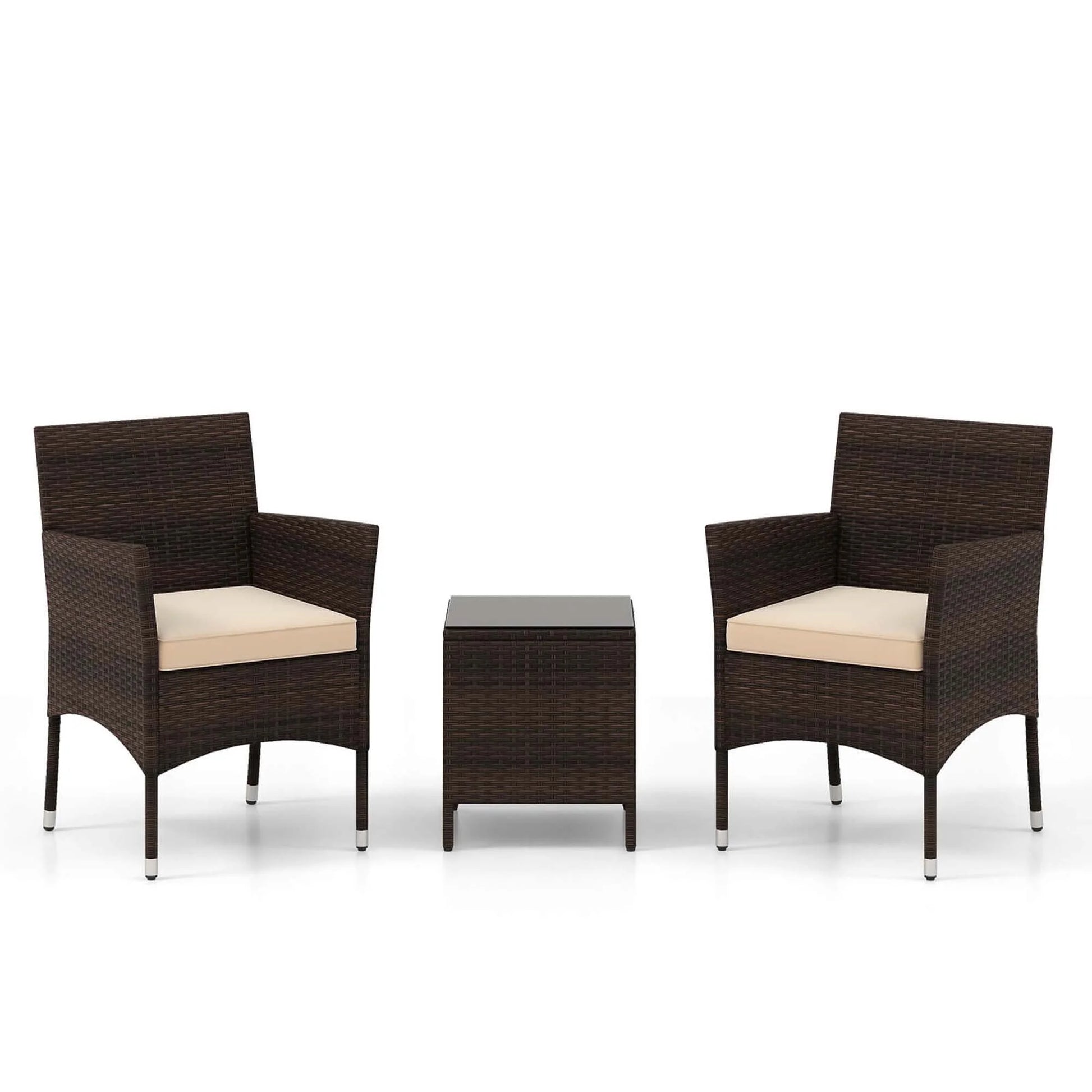 Costway 3 PCS Outdoor Conversation Set with Cushioned Seat & Tempered Glass Tabletop Beige