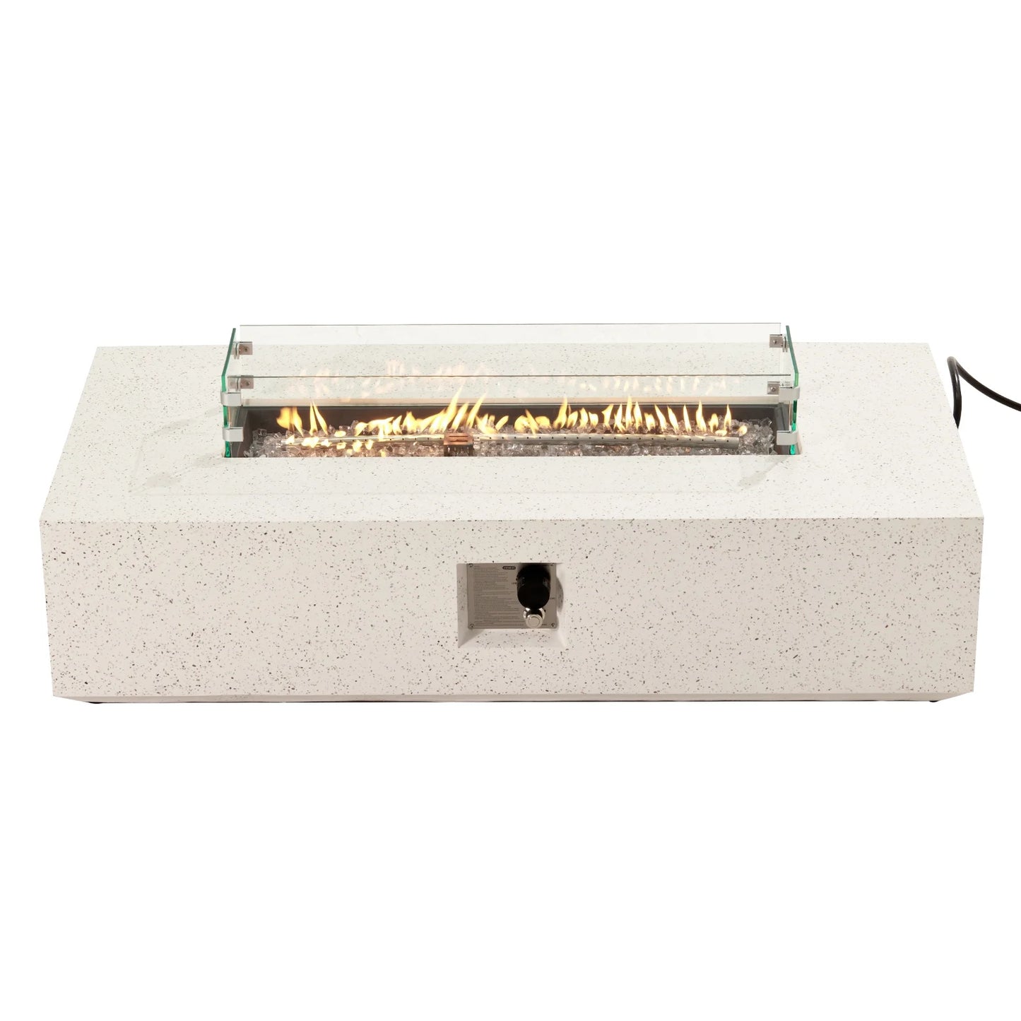 COSIEST Outdoor Rectangular Propane Fire Pit Table, Terrazzo White Concrete Finish, 50,000 BTU Stainless Steel Burner with Glass Wind Guard, Rain Cover
