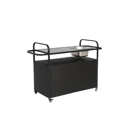 Yiweny Outdoor Rolling Wicker Bar Cart, Large Portable Outdoor Wicker Bar Table with Cabinet Storage and Glass Countertop, Patio Wicker Serving Bar Cart for Pool, Party, Backyard, Black