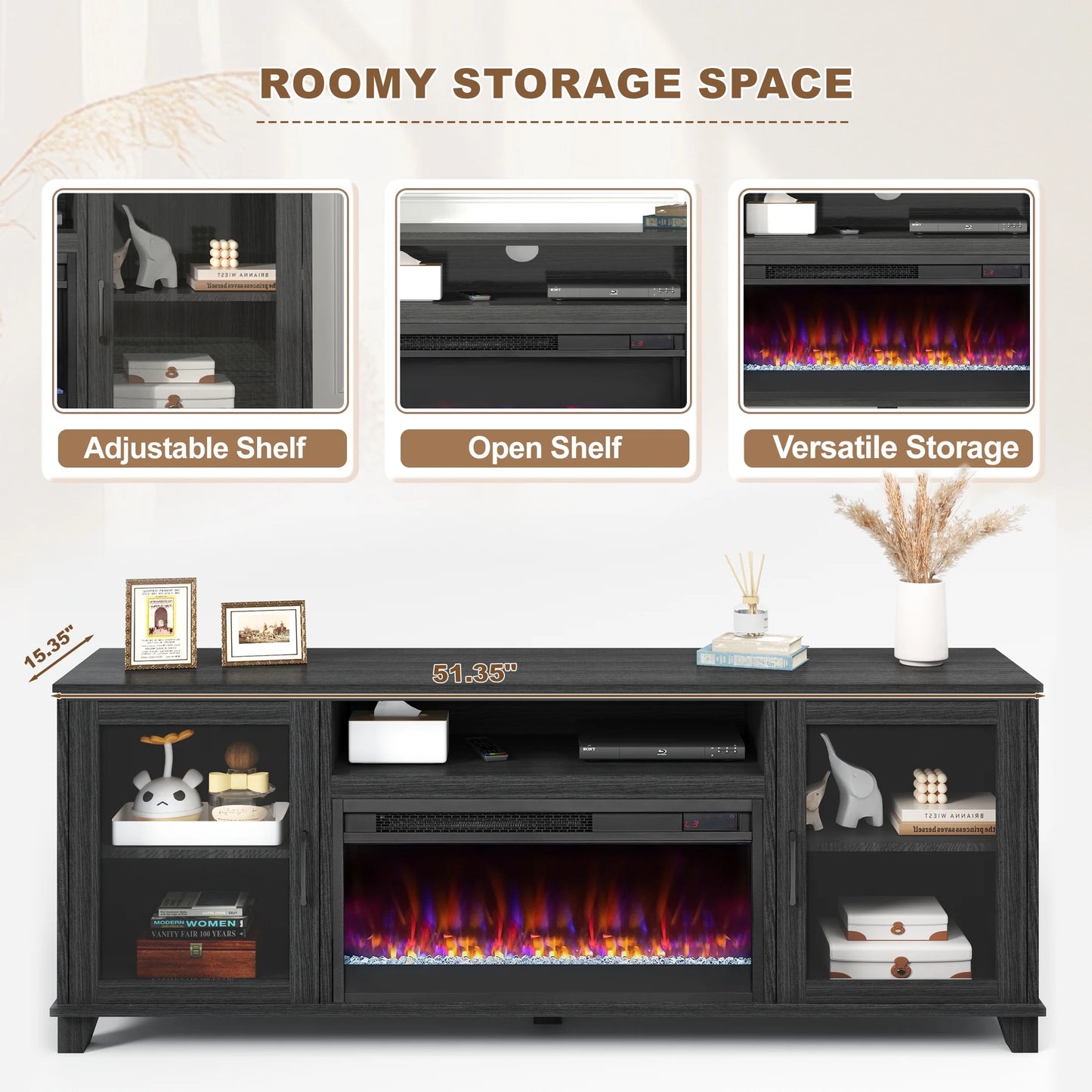 Fireplace TV Stand for 60 inch TV, Modern Entertainment Center With Glass Fireplace, Electric Fireplace TV Cabinet for Living Room, with Remote Control Fireplace, Black