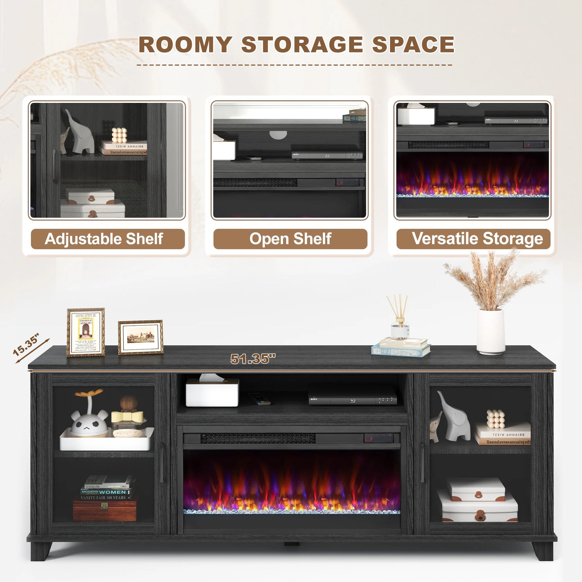Fireplace TV Stand for 60 inch TV, Modern Entertainment Center With Glass Fireplace, Electric Fireplace TV Cabinet for Living Room, with Remote Control Fireplace, Black