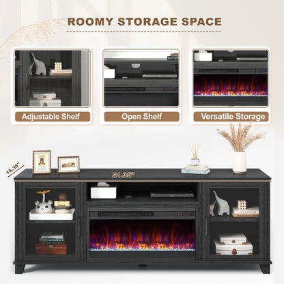 Fireplace TV Stand for 60 inch TV, Modern Entertainment Center With Glass Fireplace, Electric Fireplace TV Cabinet for Living Room, with Remote Control Fireplace, Black