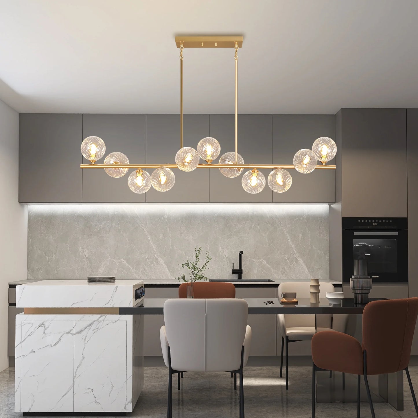 Lzawvm Dining Room Light Fixture with Swirled Glass Globe Linear Chandelier for Dining Room 11-Lights Pendant Lights Kitchen Island for Living Room Sputnik Gold 51inch