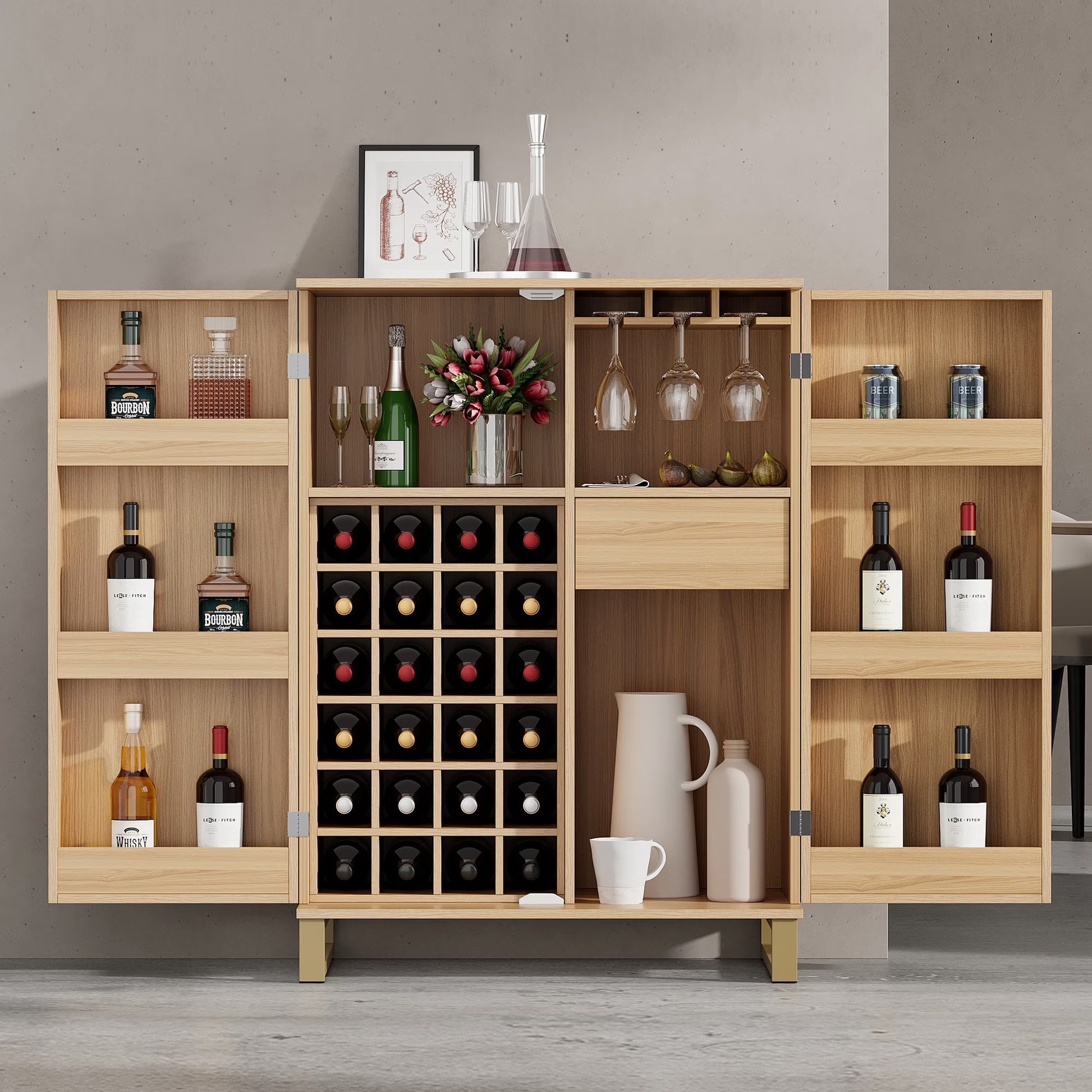 Bellemave 73.8"H Farmhouse Coffee Bar Cabinet with Shelves and Drawers Buffet Cabinet Wine Cabinet with Glass Holder and Wine Rack Tall Kitchen Cabinet for Dining Room, Antique Blue