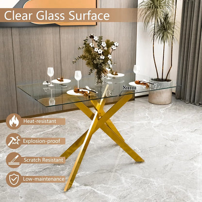 Glass Dining Table for 4 People, 51.2 Inches Rectangular Glass Kitchen Table with Golden Steel Legs, Modern Dining Room Table for Dinner Kitchen Dining Room