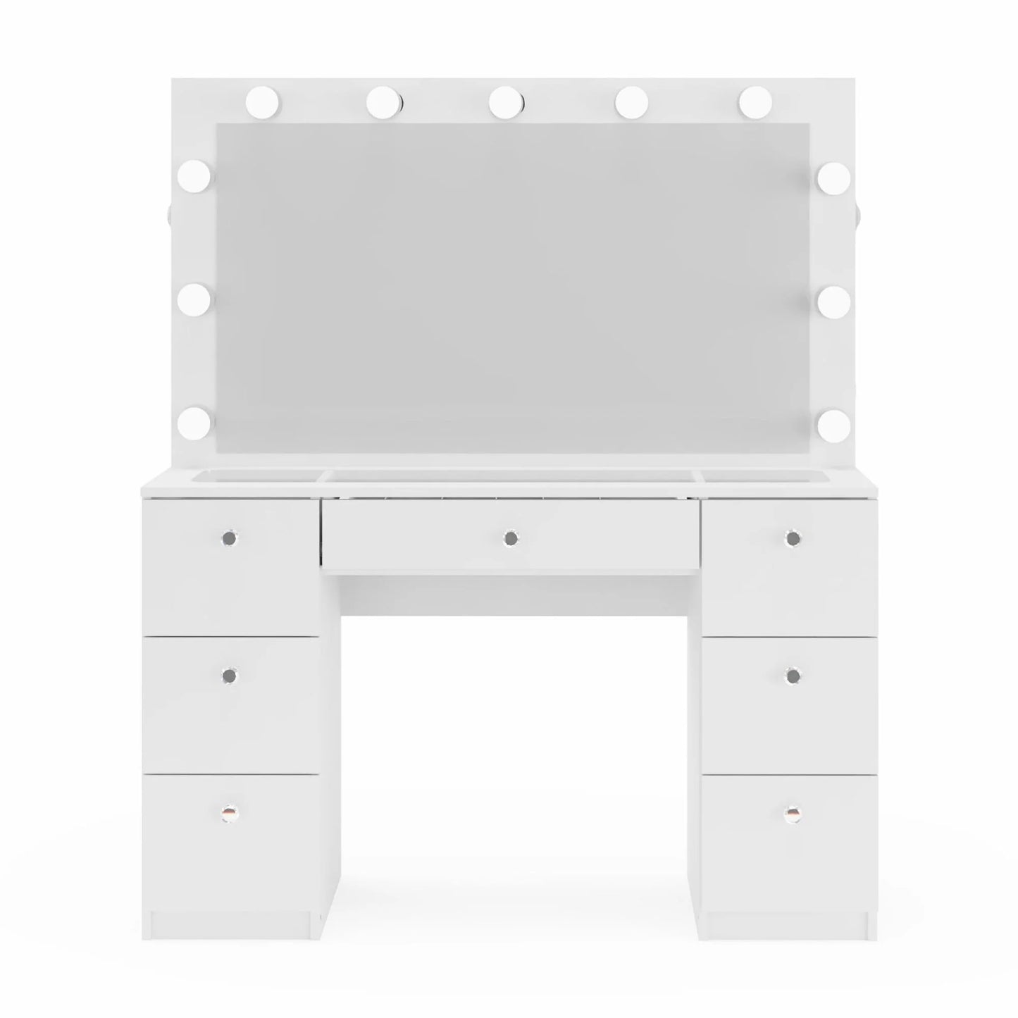 Ember Interiors Ibbie White Makeup Vanity with Glass Top, Lights, Charging Station