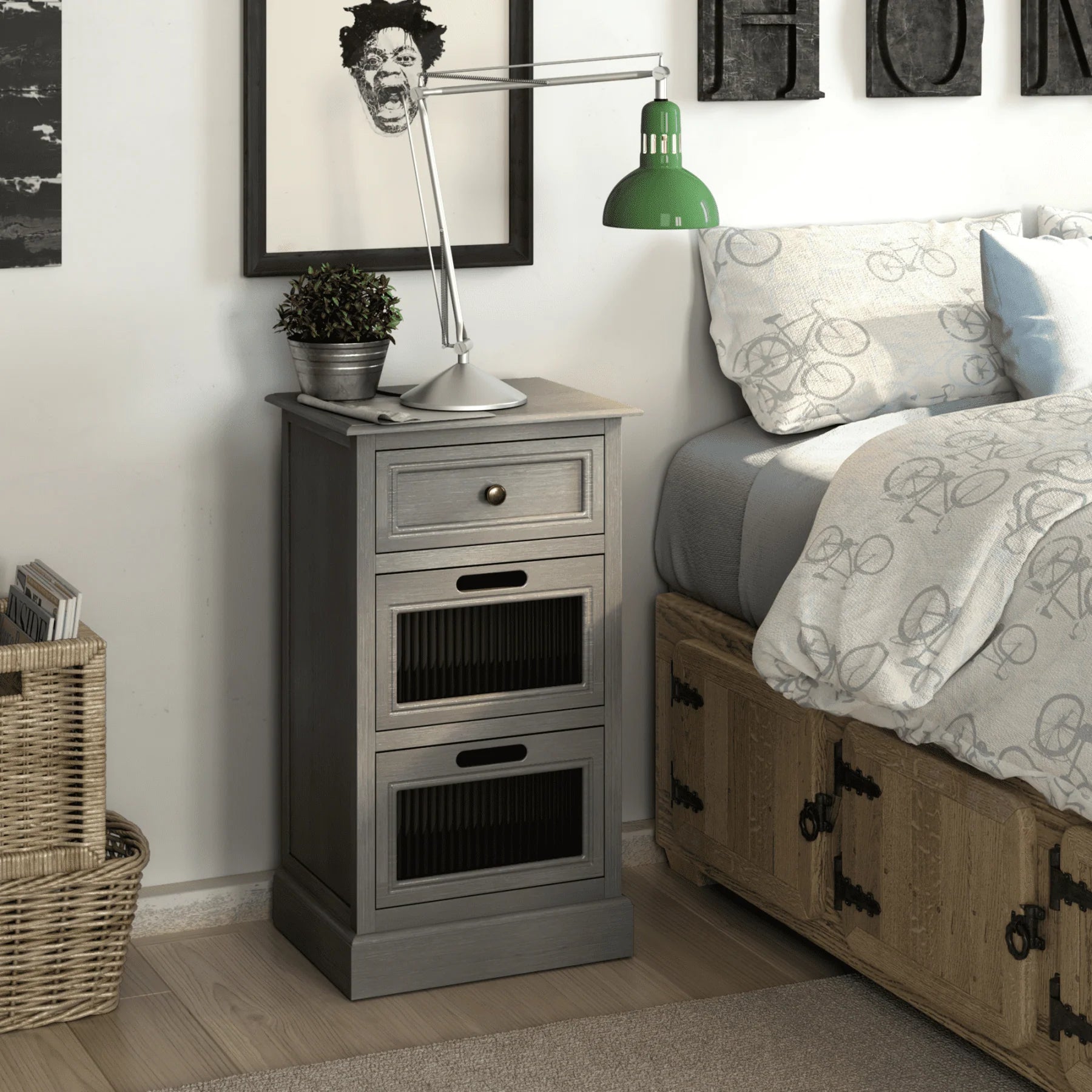 COZAYH Mid Century Modern Nightstand, Fully Assembled Nightstand with 3 Reeded Glass Front Drawers, Distressed Gray Nightstand with Antique Brass Knob and Metal Glide, 27.5°?Tall