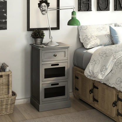COZAYH Mid Century Modern Nightstand, Fully Assembled Nightstand with 3 Reeded Glass Front Drawers, Distressed Gray Nightstand with Antique Brass Knob and Metal Glide, 27.5°?Tall