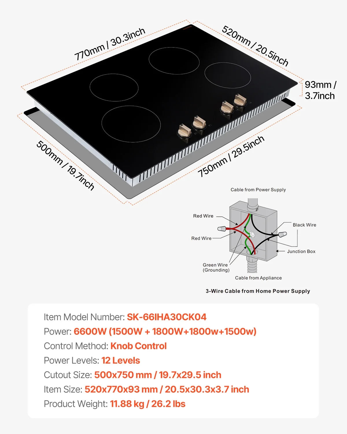 KFFKFF 4 Burner Built-in Electric Cooktop, 6600W 30" Built-in Top Electric Stove, with Knob Control, Temperature & Power Levels, Glass Top, Independent Control for Different Pots