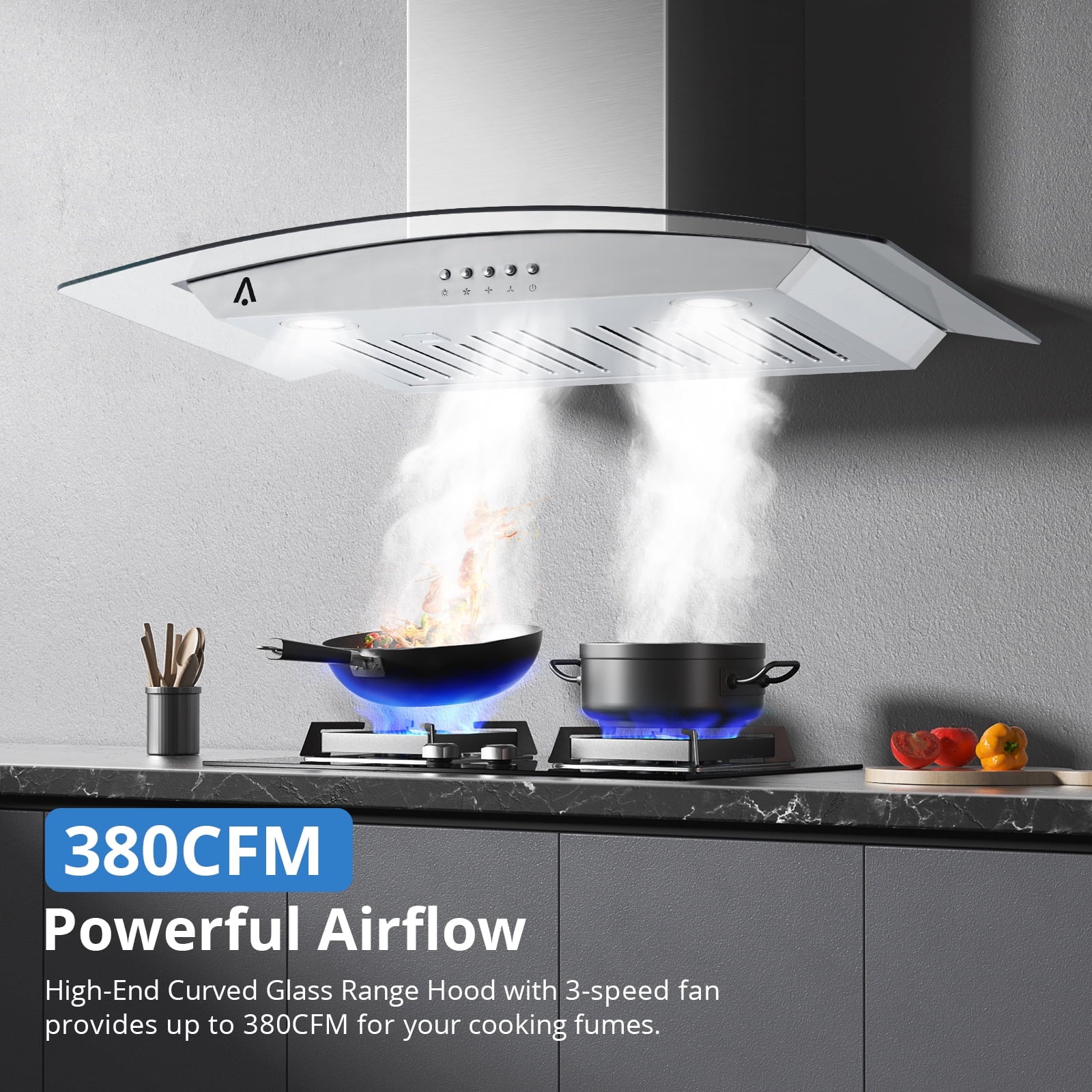 STRELECT 30 Inch Curved Glass Range Hood, 400 CFM Ductless/Ducted Convertible Stove Vent Hood with Chimney, 3 Speed Fan, LED Light, Button Control Vent Hood for Stove Kitchen