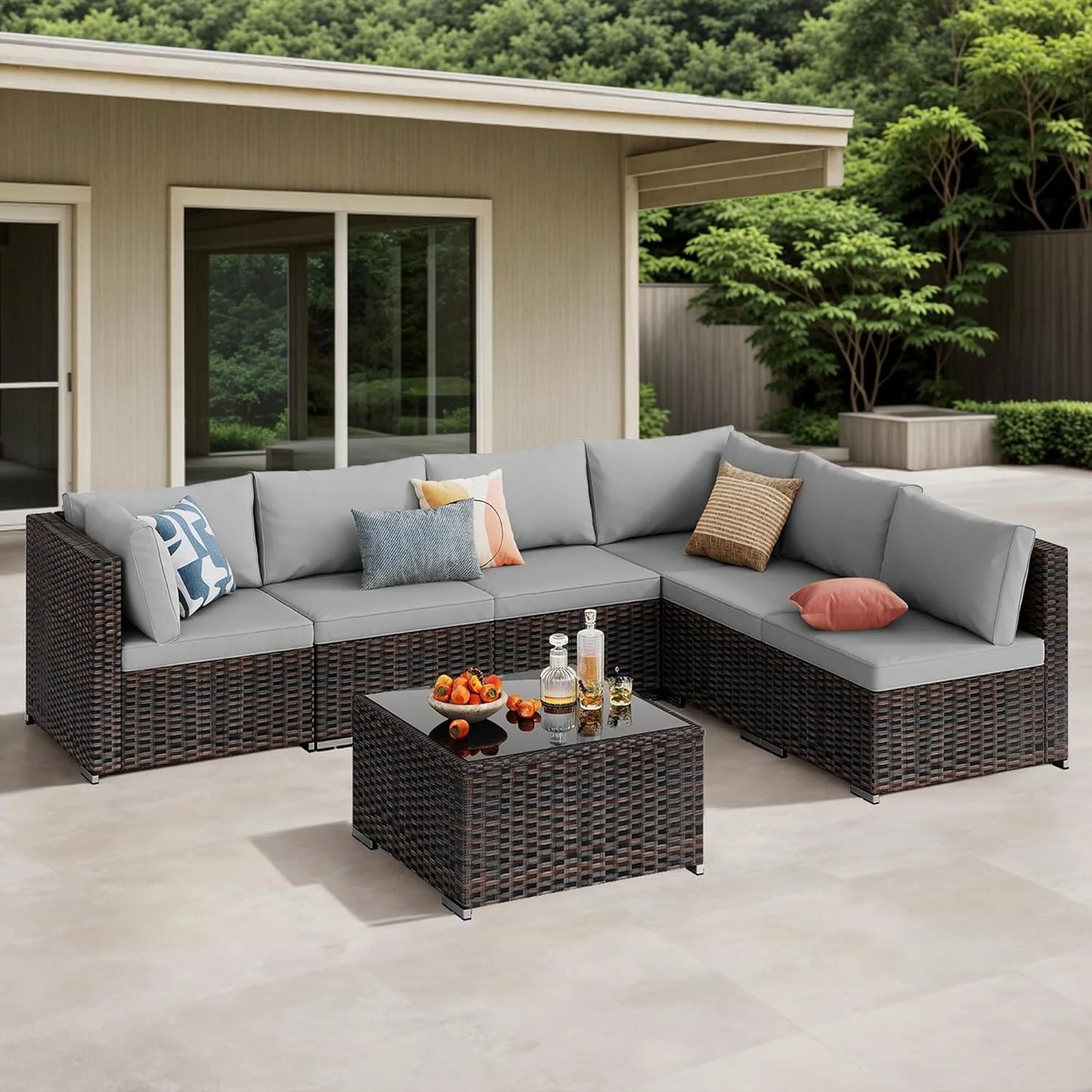 Patio Furniture Set Clearance Lofka Outdoor Sectional Furniture Sofa Set with Tempered Glass Table for Backyard, Garden & Poolside, Gray Cushions