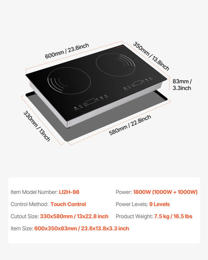 KFFKFF Induction Stove, 1800W Electric Countertop 2 Burner, Electric Cooktop with Touch Controls, Integrated Induction Stove with 9 Energy Levels, Safety Feature for Kids, Timer Function, Glass Top