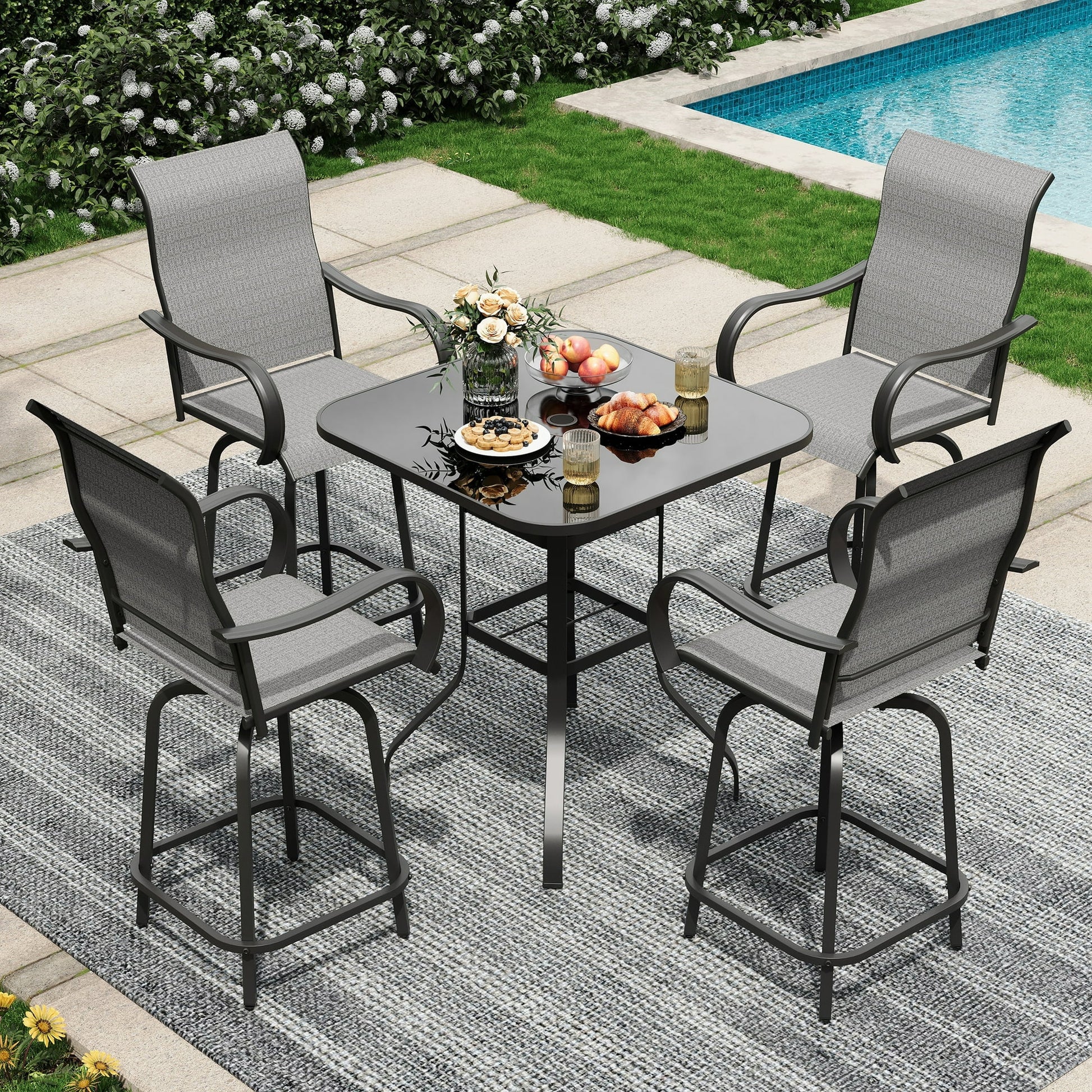 Poteban Patio Bar Height Table with Umbrella Hole, 2-Tier High Top Outdoor Bistro Table, Square Tempered Glass Metal Table for Patio, Lawn, Bar