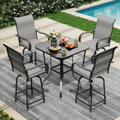 Poteban Patio Bar Height Table with Umbrella Hole, 2-Tier High Top Outdoor Bistro Table, Square Tempered Glass Metal Table for Patio, Lawn, Bar