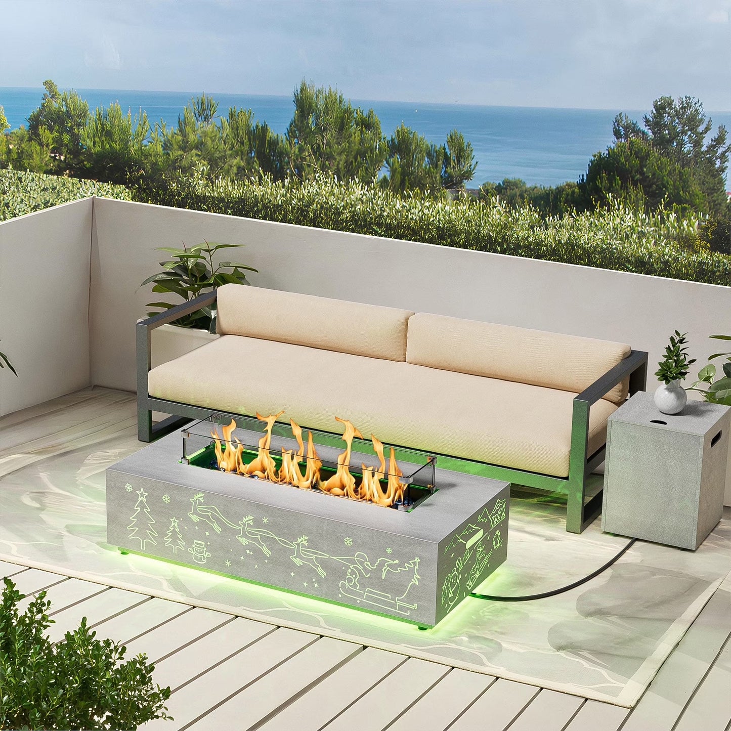 Evita 42" Propane Fire Pits for Outdoor 50,000 BTU Gas Fire Pit Table with Lid ,Glass stone,Windguard Glass,Tank Cover,LED Light Strip