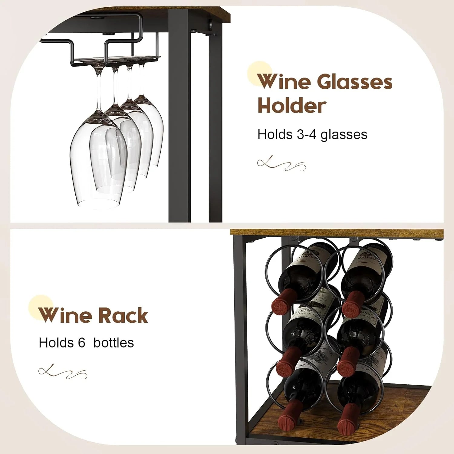 Bar Cabinet with Detachable Wine Rack, Liquor Stand for Home Bar, Mini Table with Glass Holder, Small Sideboard with Mesh Door, Storage Cabinet for Wine, Whiskey, Rustic Brown