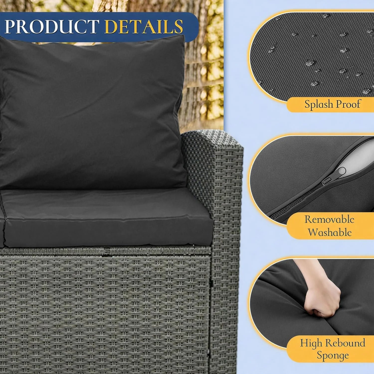 HighSound 5 Pcs PE Rattan Wicker Patio Sofa Set Outdoor Sectional Furniture Set with Tempered Glass Table
