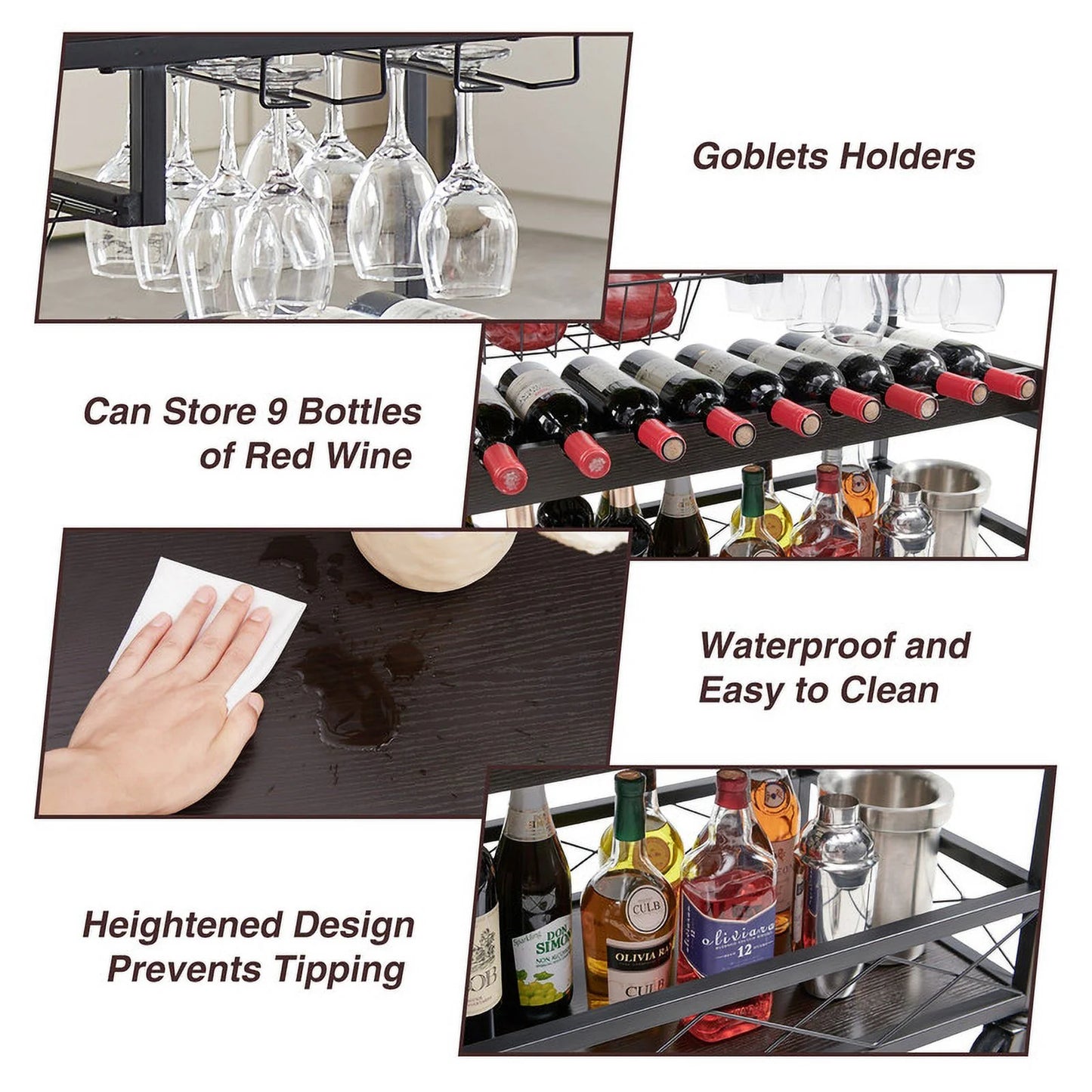 Utopia Alley KF03BZ 3 Tier Kitchen Island Cart on Lockable Wheels with Wine Rack, Glass Holder & Handle for Home