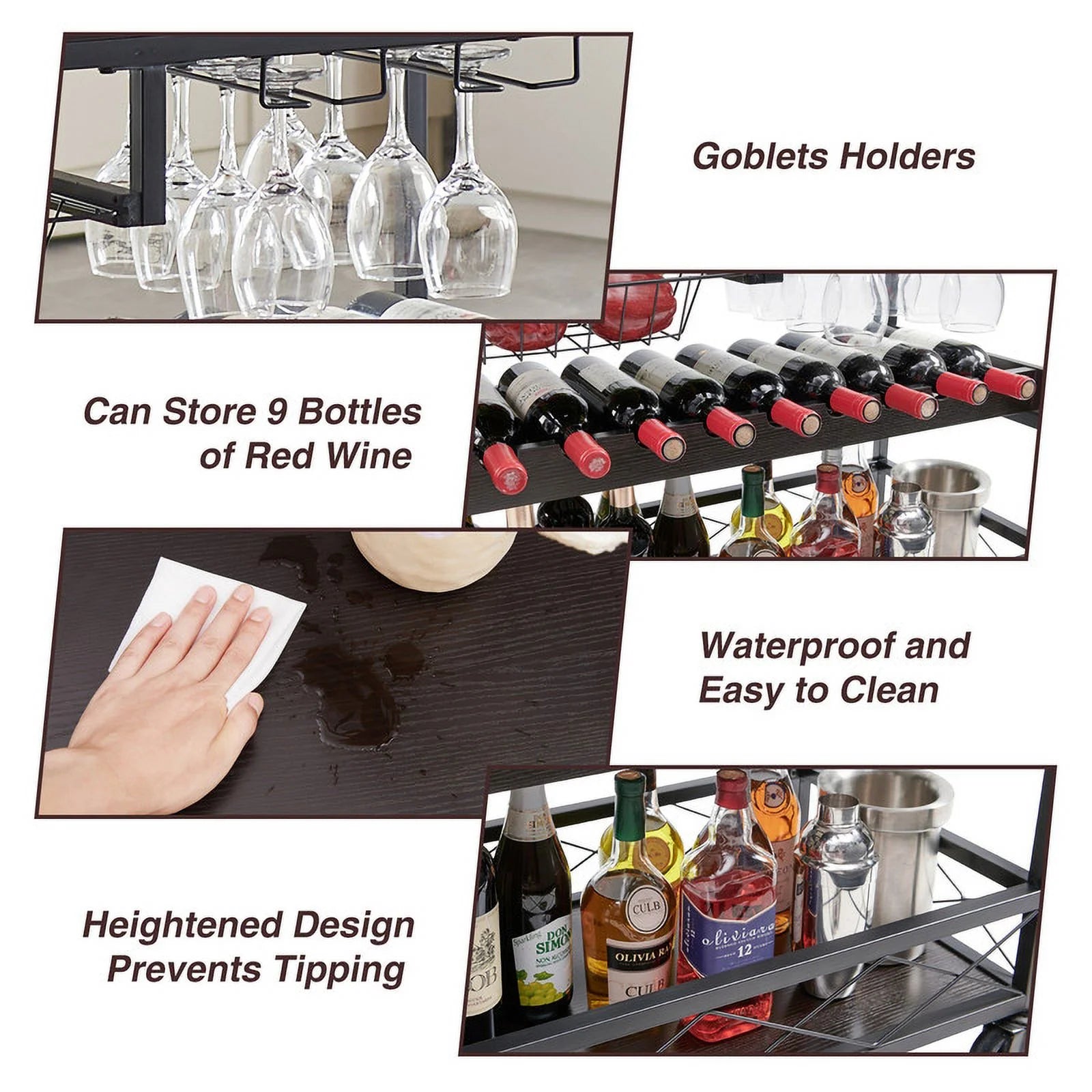 Utopia Alley KF03BZ 3 Tier Kitchen Island Cart on Lockable Wheels with Wine Rack, Glass Holder & Handle for Home