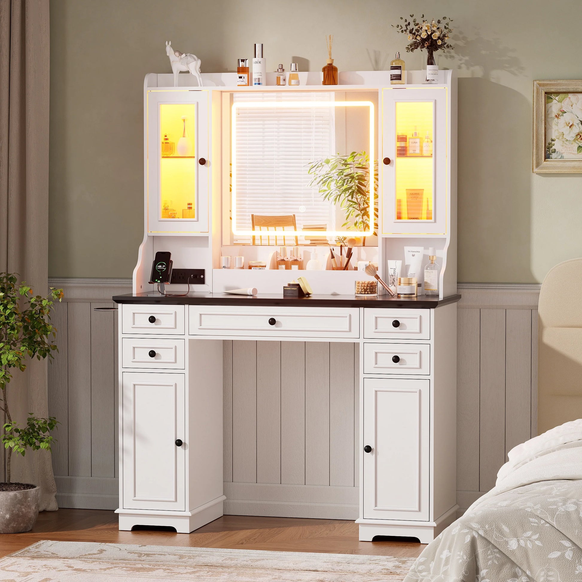 Farmhouse Makeup Vanity Desk with Mirror and Lights, Vanity Table with Glass Tabletop, Charging Station, 5 Drawers, Side Cabinet, Storage Shelves for Bedroom, White by TZUTOGETHER