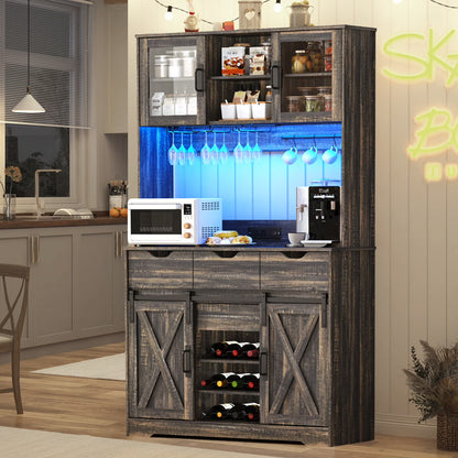 72" Tall Kitchen Pantry with LED Light & Power Outlet & Wine Rack, Large Pantry Hutch Cabinet with Sliding Barn Door & Glass Doors & 4 Drawers