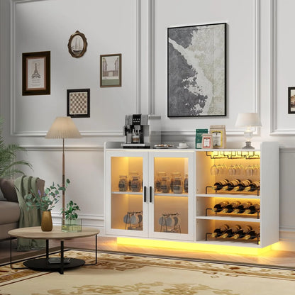 Wine Bar Cabinet with LED Lights, Floating Coffee Bar with Glass Rack and Removable Wine Racks, Modern Buffet Sideboard with Storage Shelves, Kithchen Bar with Glass Cabinet Doors