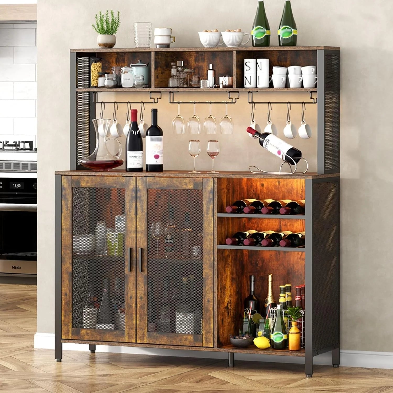 Wine Bar Cabinet with LED Lights, Rustic Brown Industrial Coffee Bar Station with Wine Rack, Glass Holder & 3 Storage Compartments, Liquor Buffet Sideboard for Kitchen & Dining Room