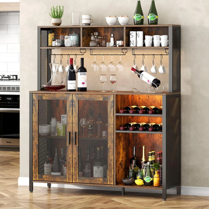 Wine Bar Cabinet with LED Lights, Rustic Brown Industrial Coffee Bar Station with Wine Rack, Glass Holder & 3 Storage Compartments, Liquor Buffet Sideboard for Kitchen & Dining Room