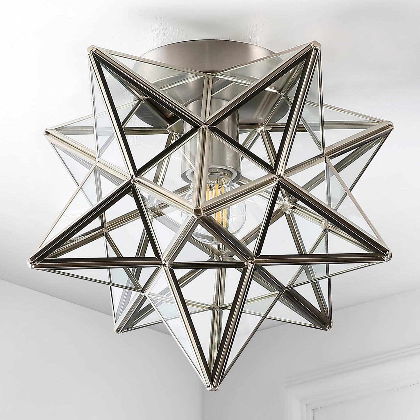 JONATHAN Y Lynn Moravian Star Metal/Clear Glass LED Flush Mount, by JONATHAN Y - 12" Nickel