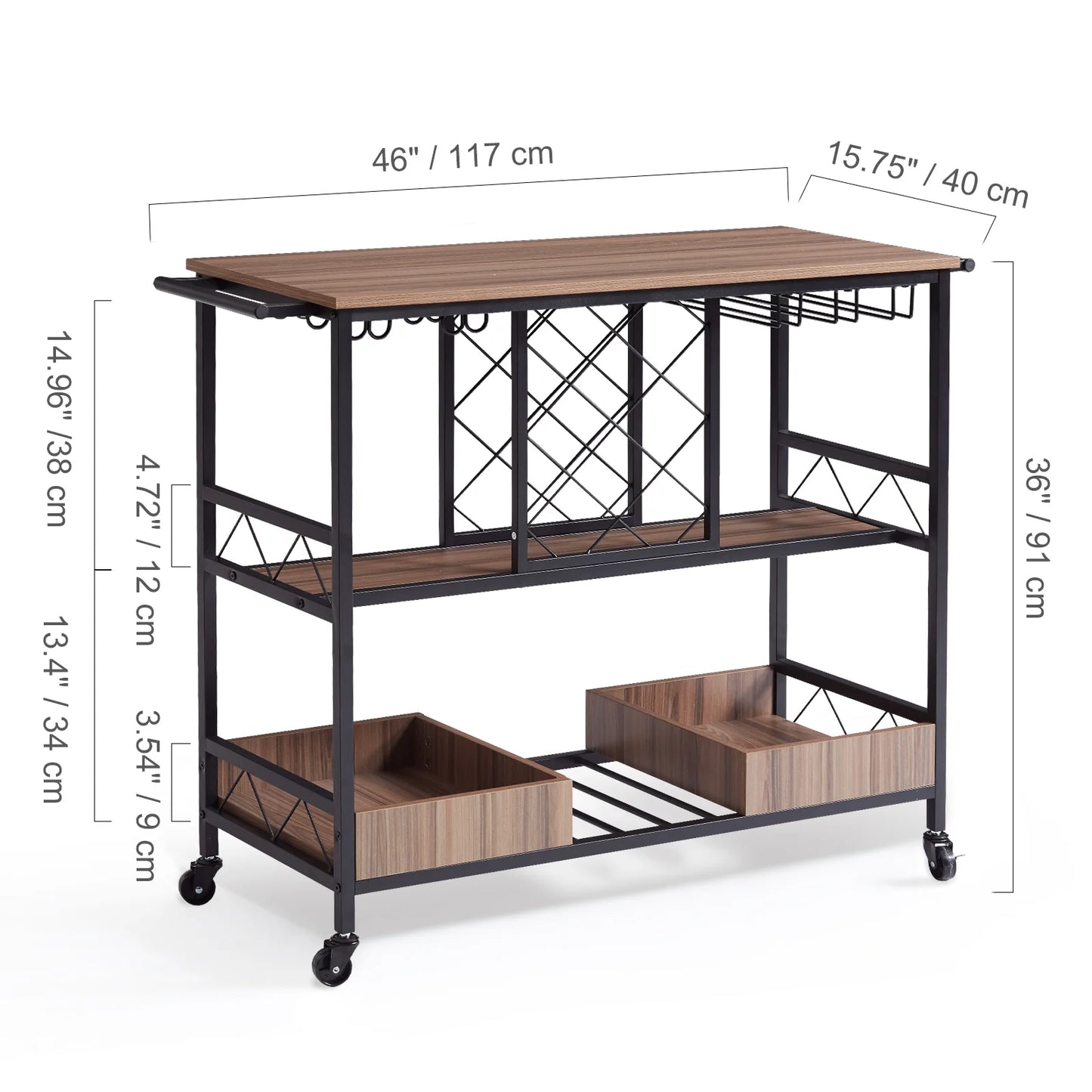 KFFKFF with Wine Grid Glass Holder 300lbs 3-Tier Bar Serving Cart Rolling Trolley