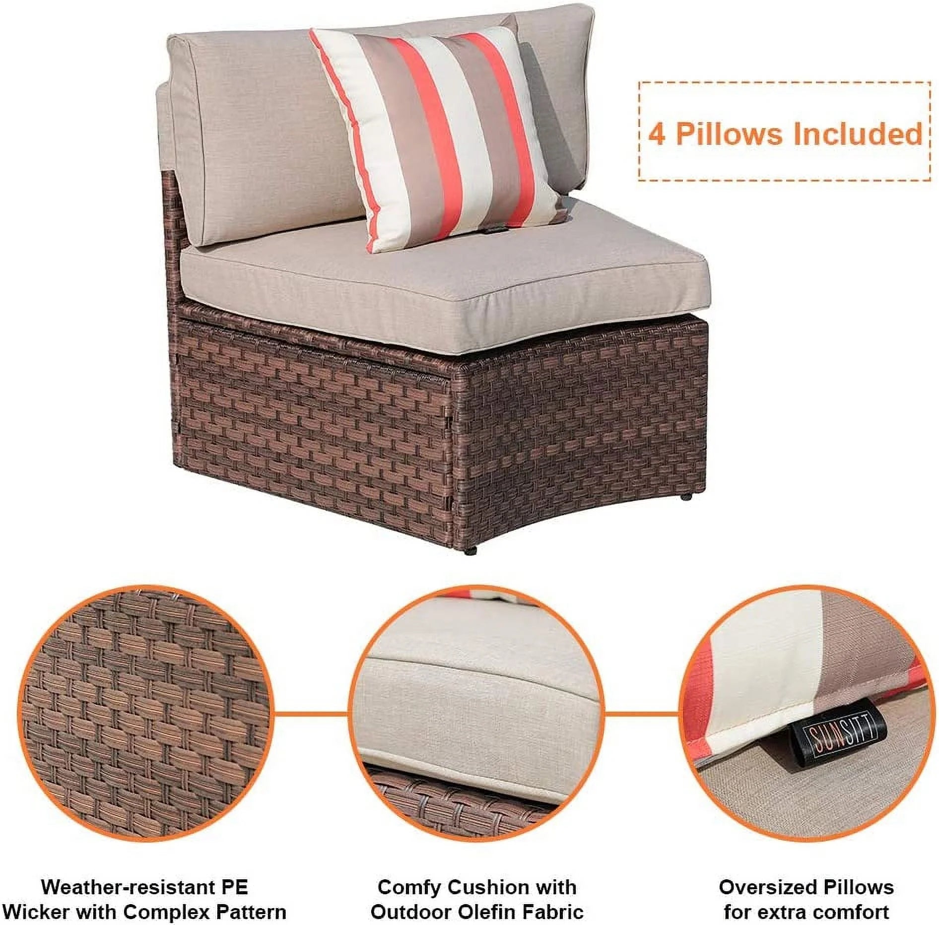 Outdoor Sectional Sofa Set, Half-moon Furniture with Cover, Patio PE Wicker Set with Beige Cushions & Tempered Glass Coffee Table, 5-Piece