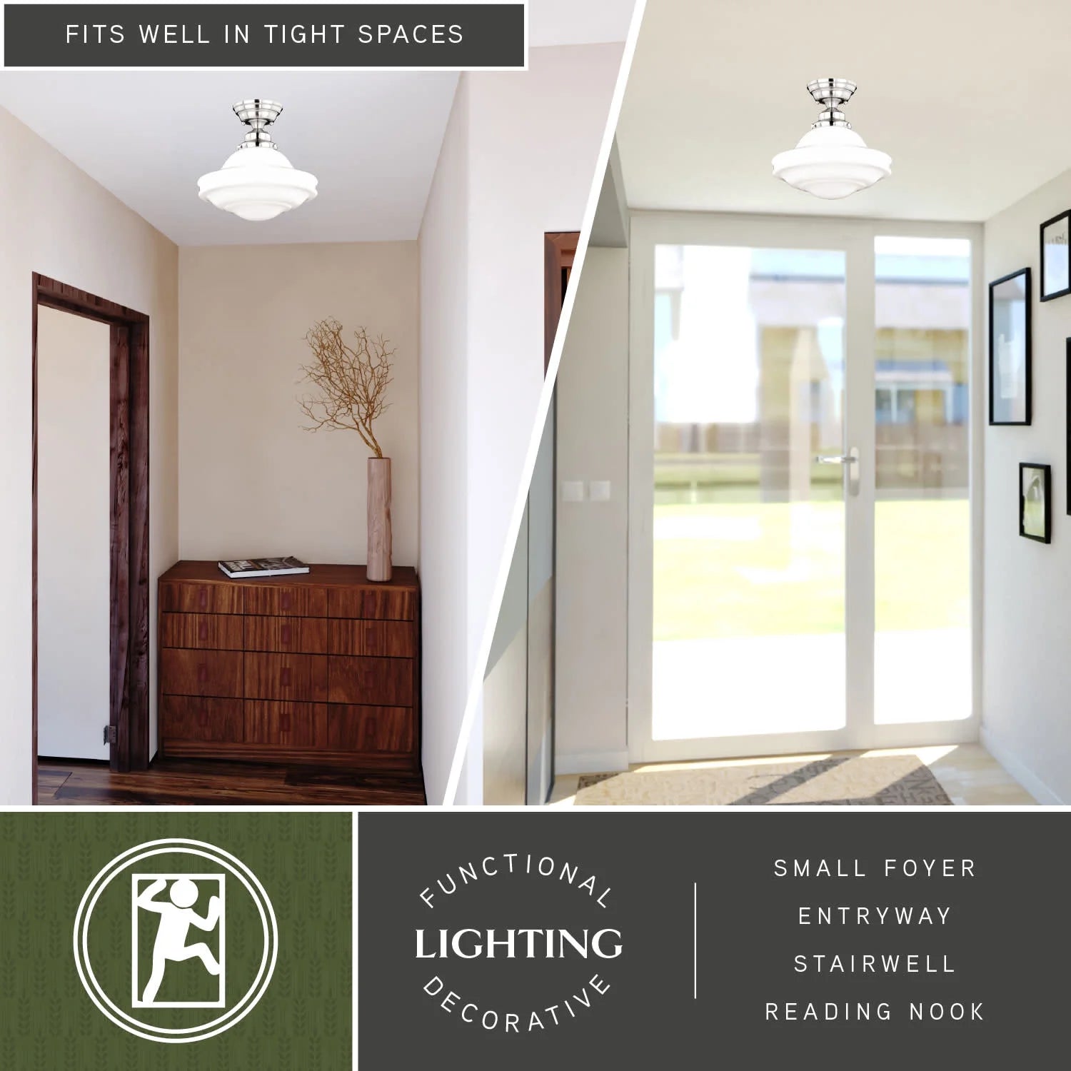 Huntley 12-in W Satin Nickel Farmhouse Schoolhouse Semi Flush Mount Ceiling Light White Glass