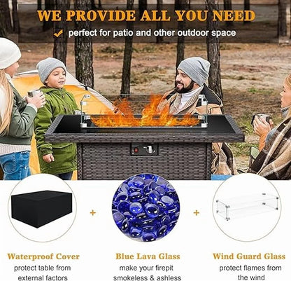 LayinSun 44" Propane Gas Fire Pit Table, 55000 BTU Rectangular Fire Pit with Glass Wind Guard for Outside Patio Deck Garden Backyard