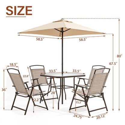 Pellebant 6 Pcs Metal & Glass Patio Dinning Set and Umbrella in Beige