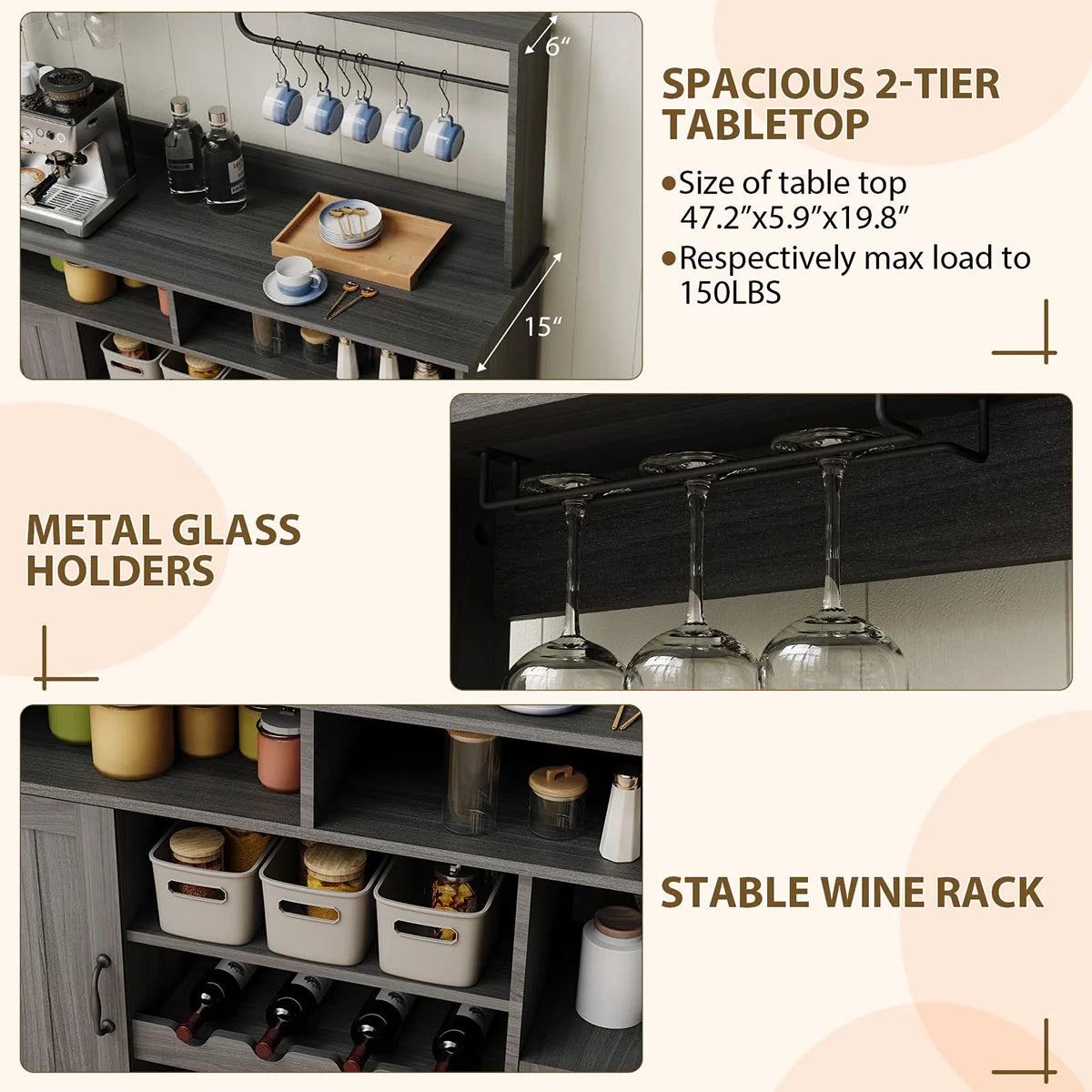 Ataucjin Farmhouse Coffee Bar Cabinet with Wine Rack,47''Coffee Bar Station with Power Outlet & Goblet Holder,Hutch Storage Cabinet with Glass Racks & 5 Hooks Sideboard Cabinets for Dining Living Room