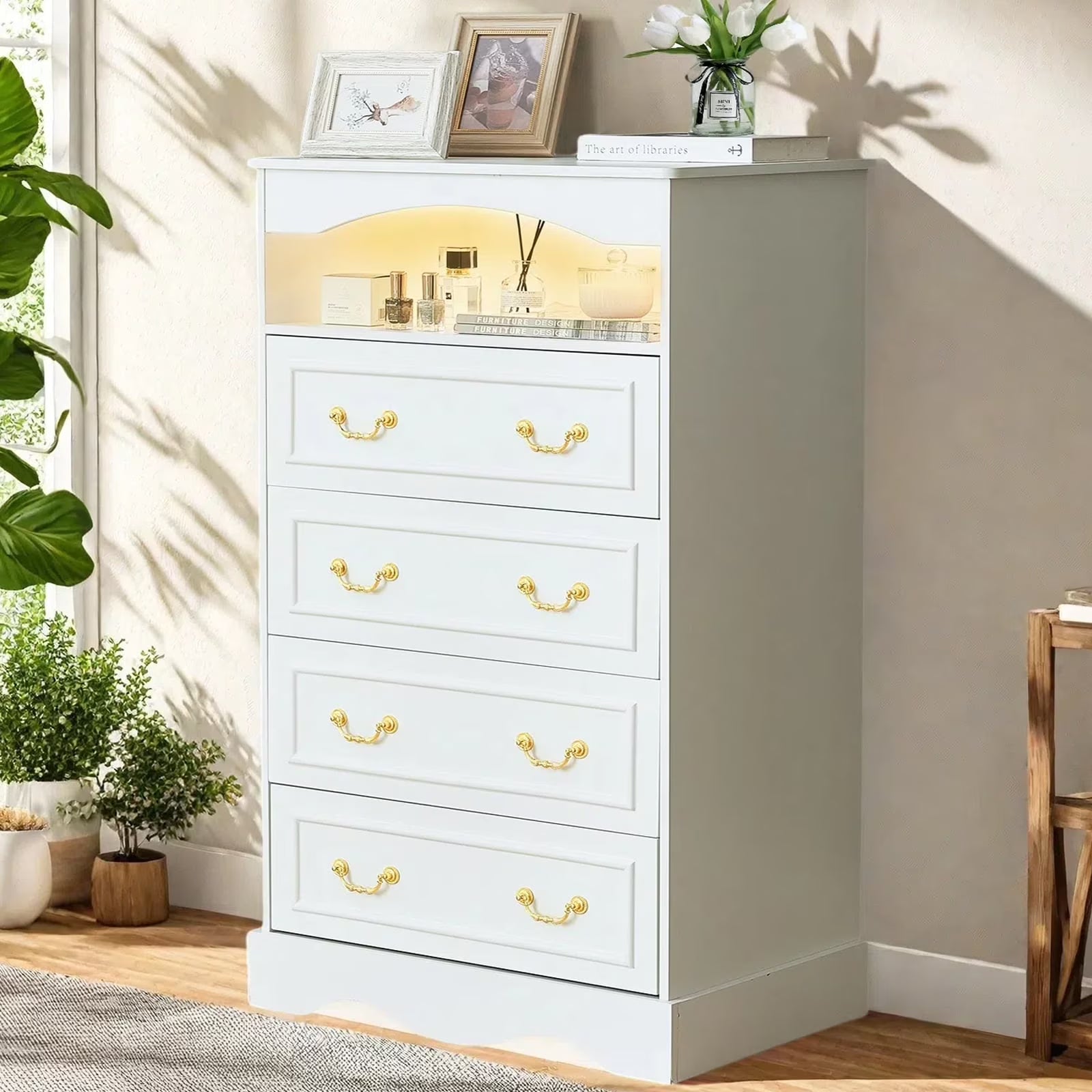 JanflyHome Drawer Dresser with LED Lights, Glass Top, Dresser with 5 Drawers Modern Storage Cabinet for Adult