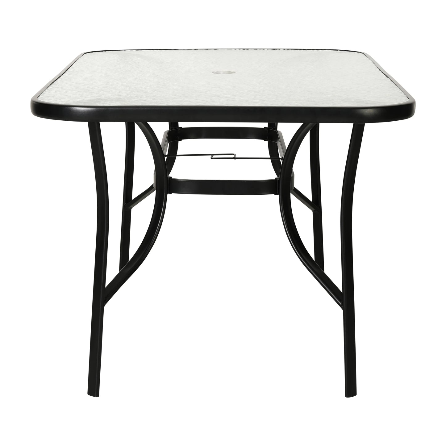 Emma + Oliver Rectangular Tempered Glass Top Patio Table with Umbrella Hole and Black Steel Tube Frame