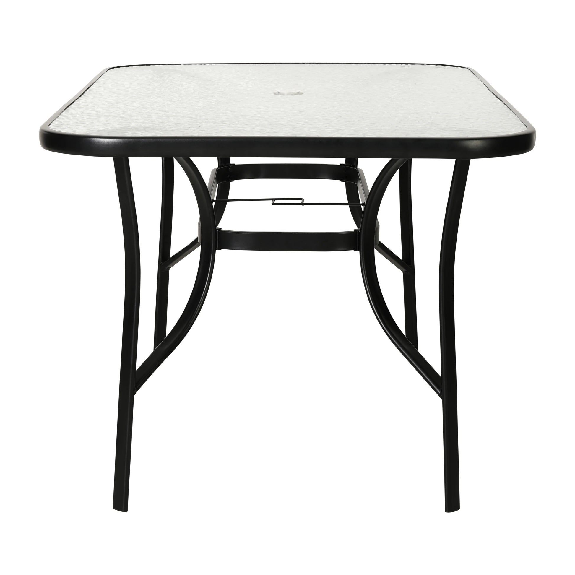 Emma + Oliver Rectangular Tempered Glass Top Patio Table with Umbrella Hole and Black Steel Tube Frame