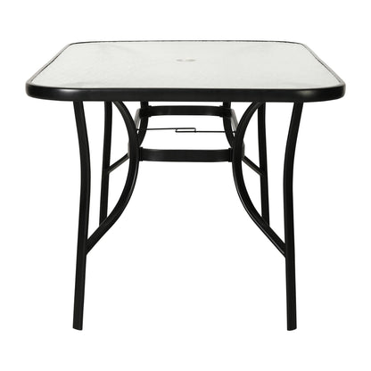 Emma + Oliver Rectangular Tempered Glass Top Patio Table with Umbrella Hole and Black Steel Tube Frame