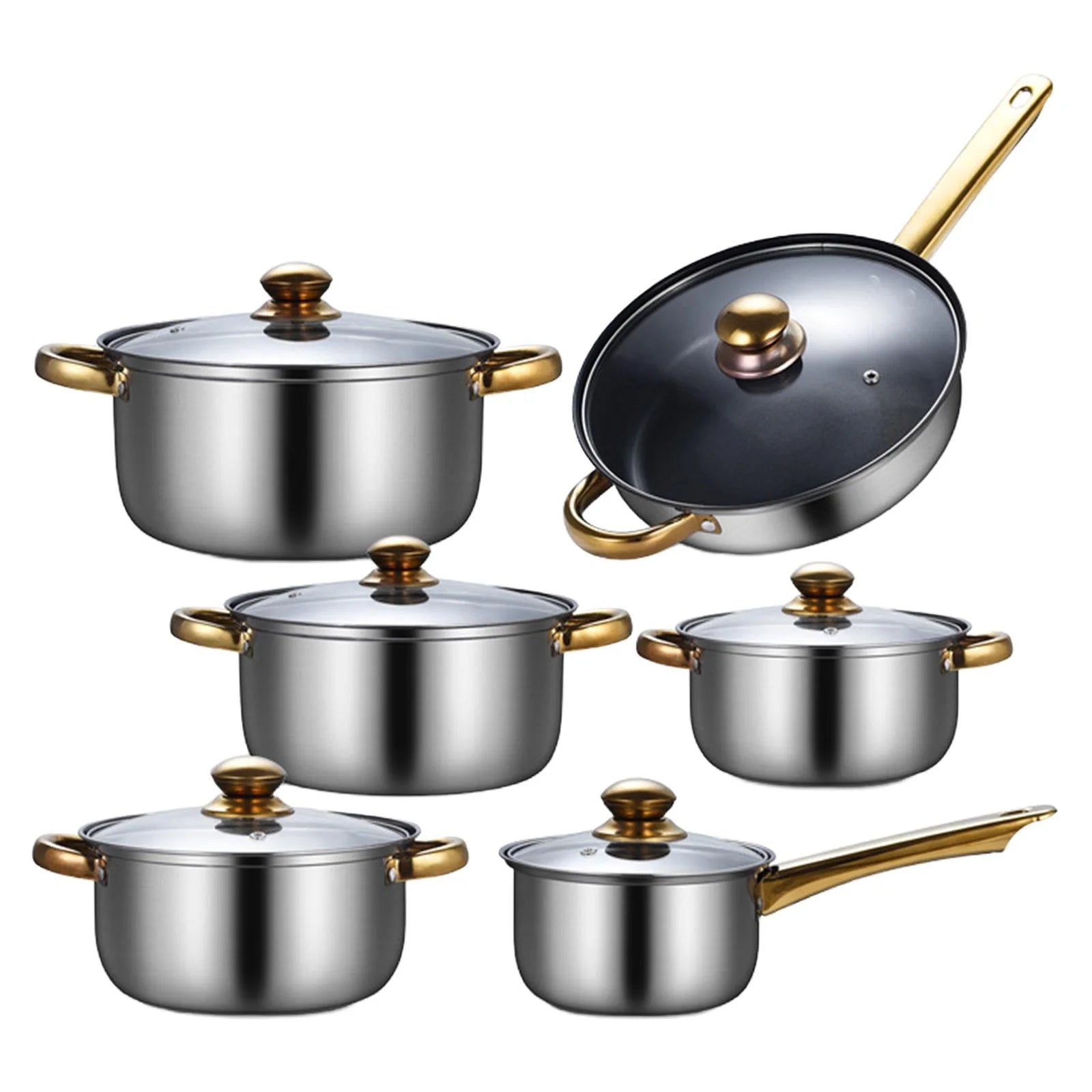 kowaku 6 Pieces Cookware Set Kitchen Cooking Set with Glass Lid, Soup Pot, Frying Pan Pots and Pans Set Stainless Steel for Kitchen Pans with soup pot