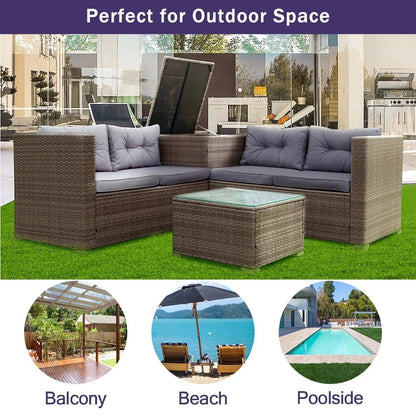 UHOMEPRO 4-Piece Rattan Patio Furniture Sets, All-Weather PE Wicker Patio Conversation Set with Storage Box, Glass Coffee Table, Outdoor Sectional Sofa Set for Backyard Patio Garden Poolside, Gray